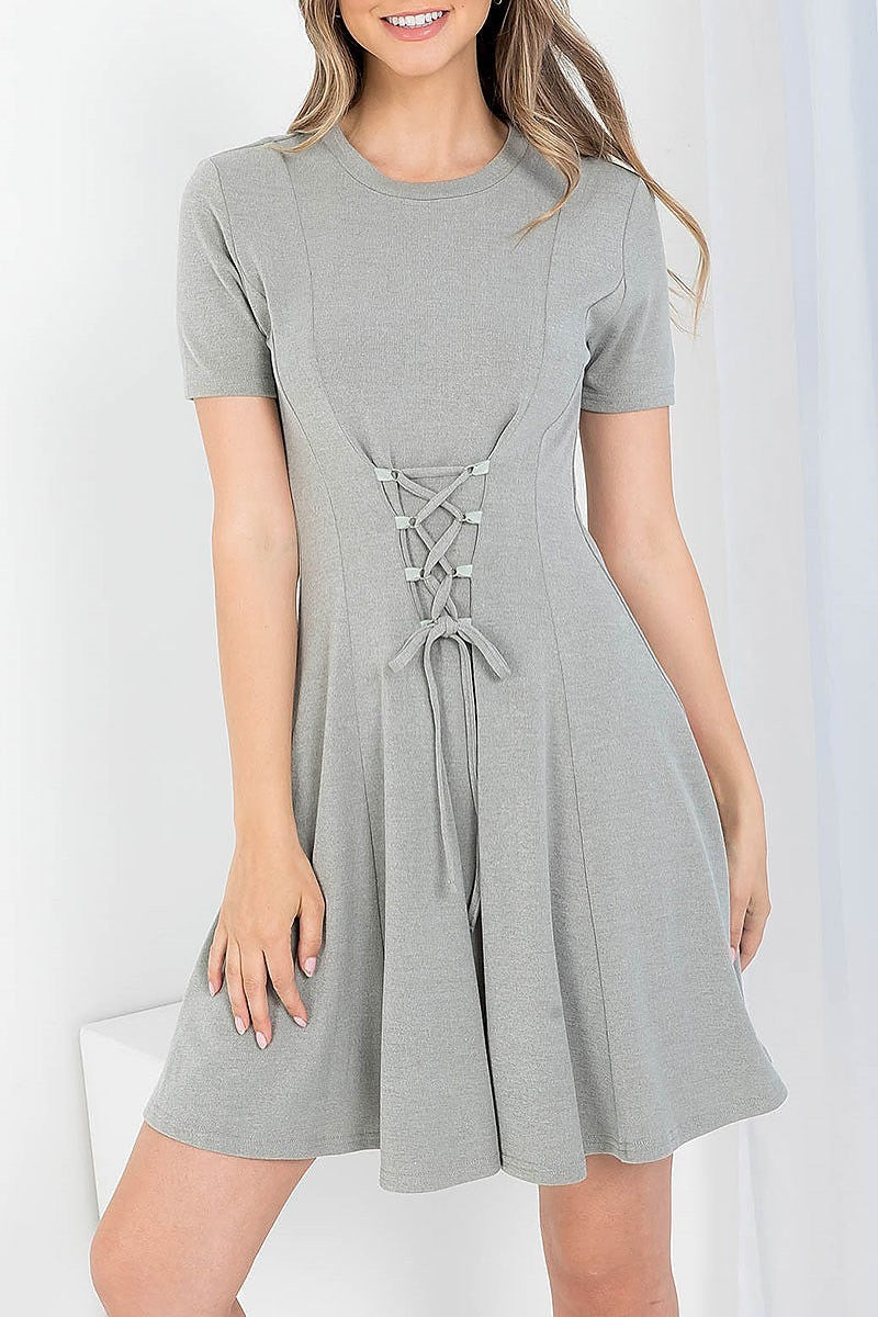 Lace up front waist round neck flare dress (DED7397)