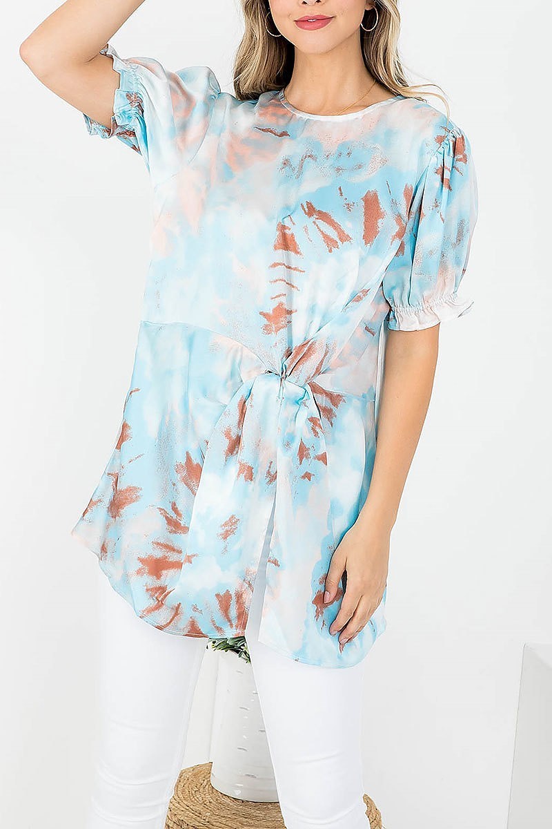 Tie dye round neckline puffed sleeve top (EF3786)