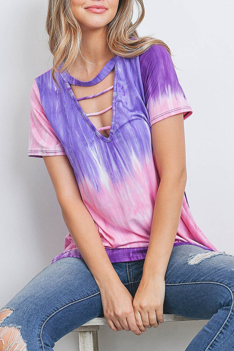 Tie dye keyhole v neck top (EF3242)