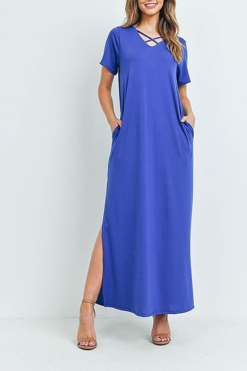 Crisscross neck short sleeve maxi pocket dress (DED6217)