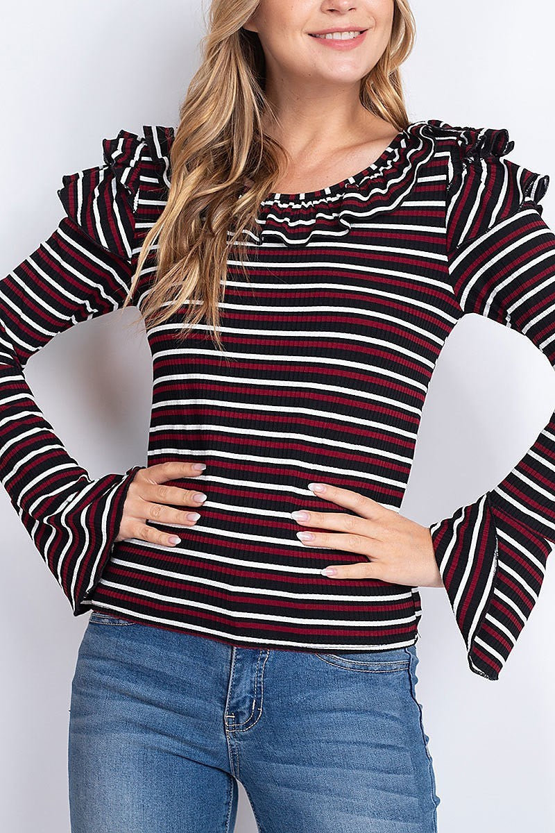 Ruffle detail bell sleeve stripe top (EF1913)