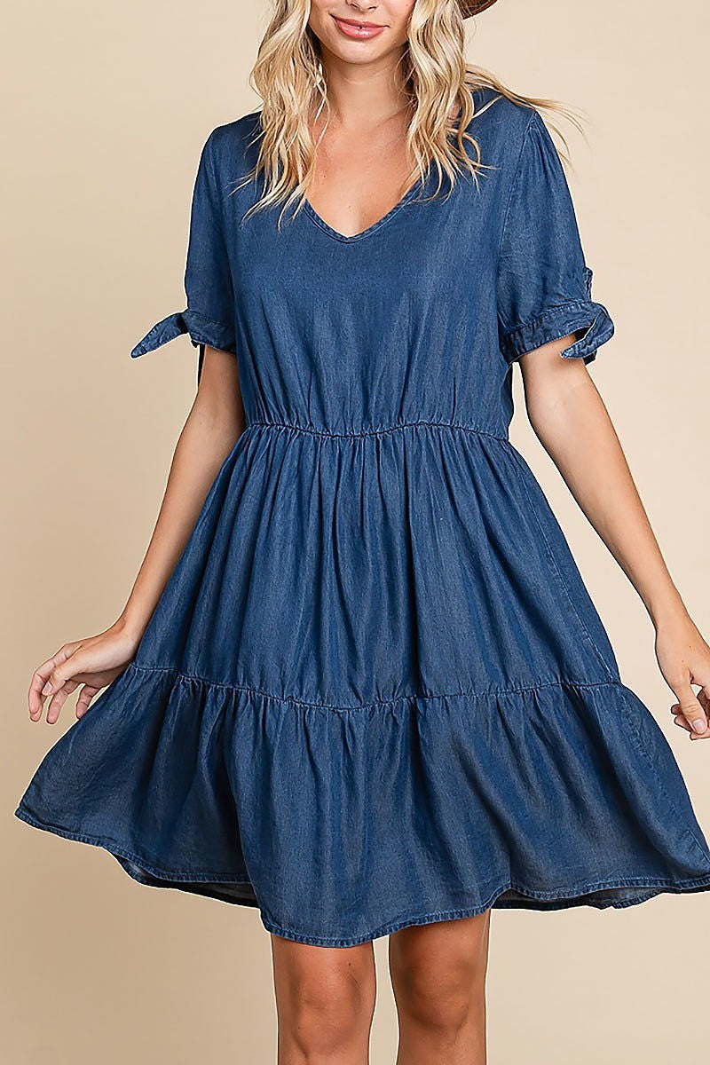 Lyocell chambray v-neck tiered mini dress (EDH1630)