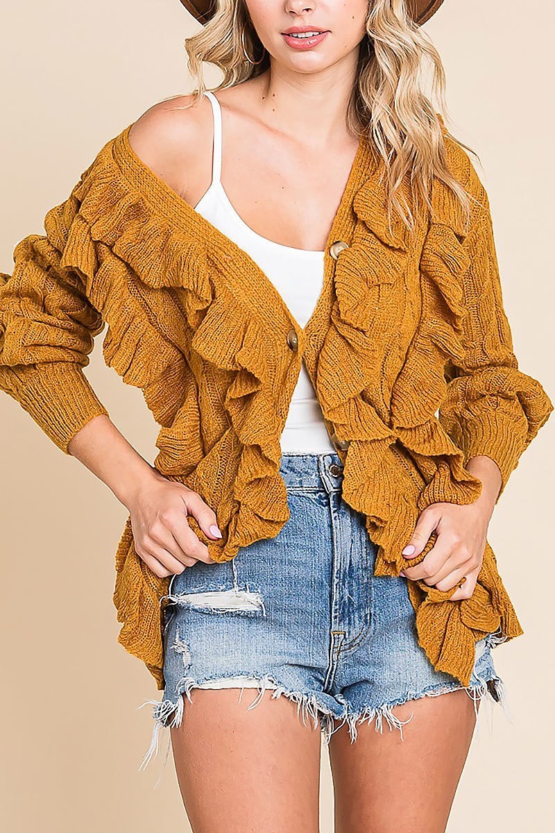 Front buttoned closure and cascade ruffle sweater (EDH1885-2)