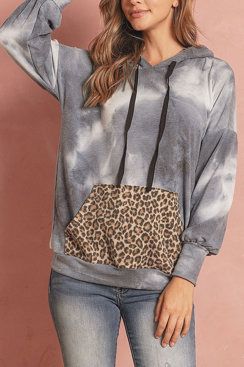 Tie dye long sleeve leopard contrast pocket hoodie with drawstrings (ED8250-LAST)