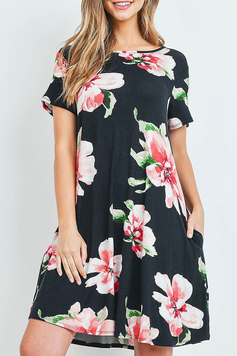 Painterly floral print round neck dress (DED6064)