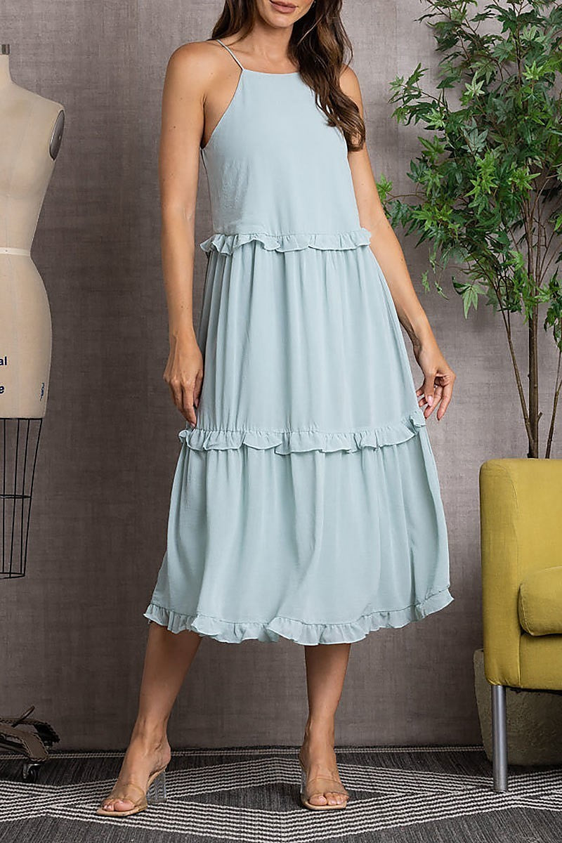 Crinkled halter neck ruffled midi dress (EDSW3287)