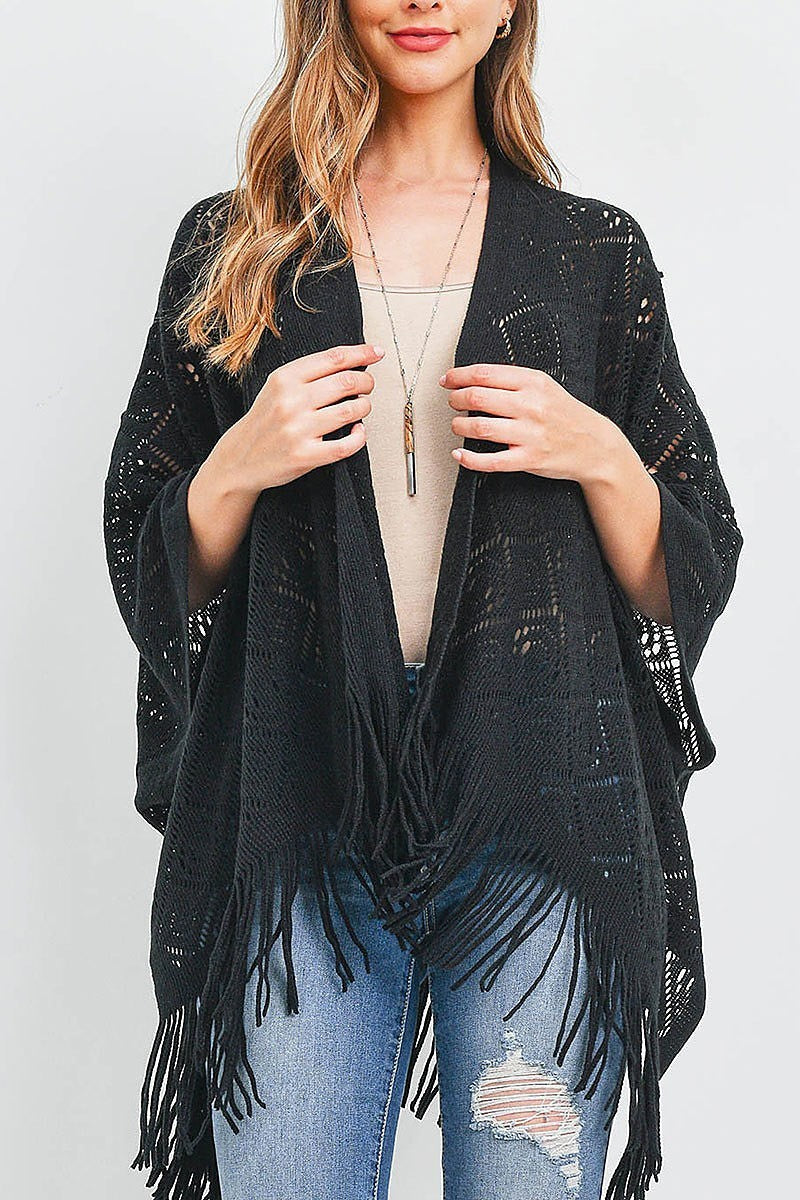 Crochet diamond pattern fringe ruana kimono (DGS5880)