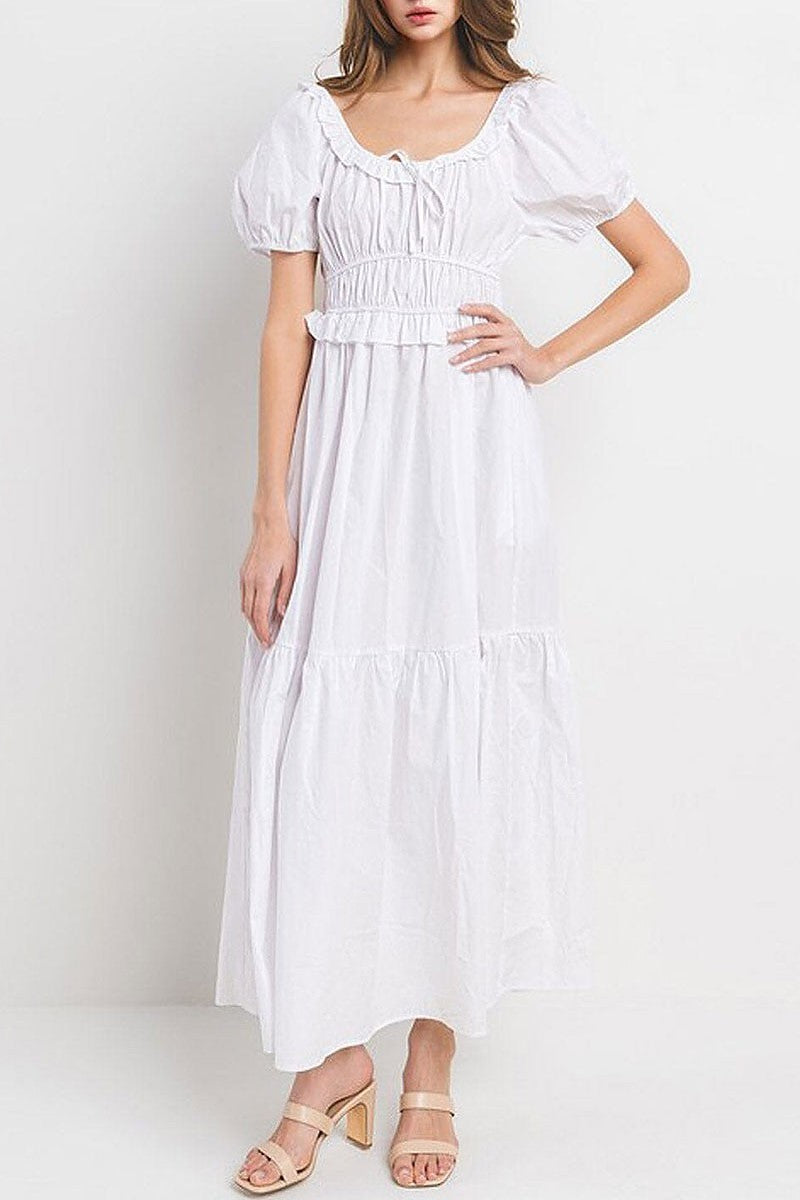 Short puff sleeve elastic waist tiered maxi dress (EGWT1405)