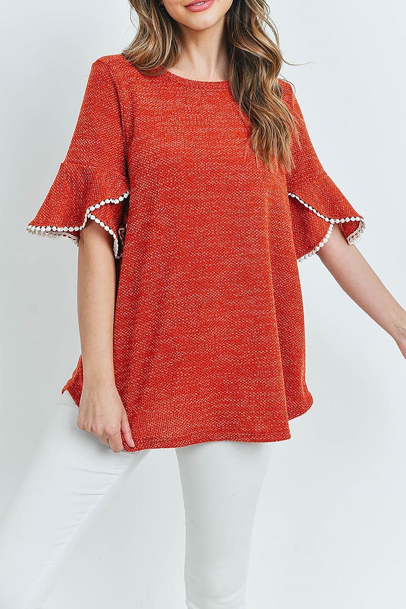 Lace detail bell sleeves round hem drake top (ED8614-1)