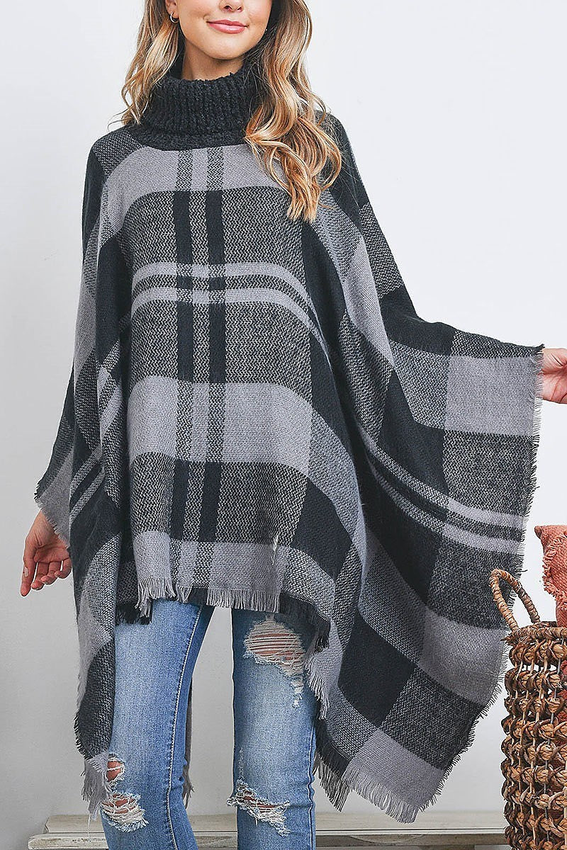 Plaid knitted turtlekneck poncho (DGS5458)