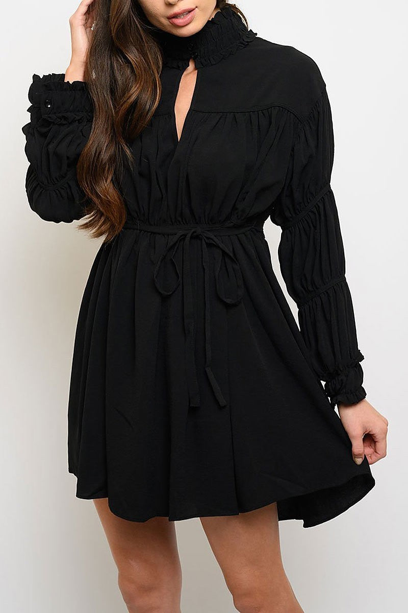 Long sleeve turtle neck self tie mini dress (EDWT3689)