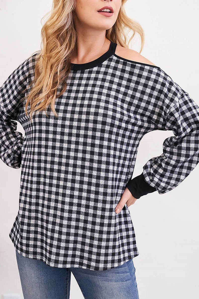 Plaid long sleeve cold shoulder top (EF2757)