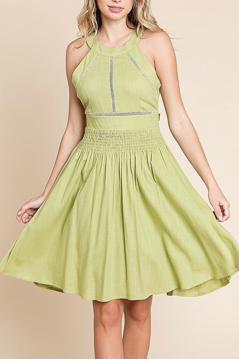 Solid halter neck smocked mini dress (EDH1948)