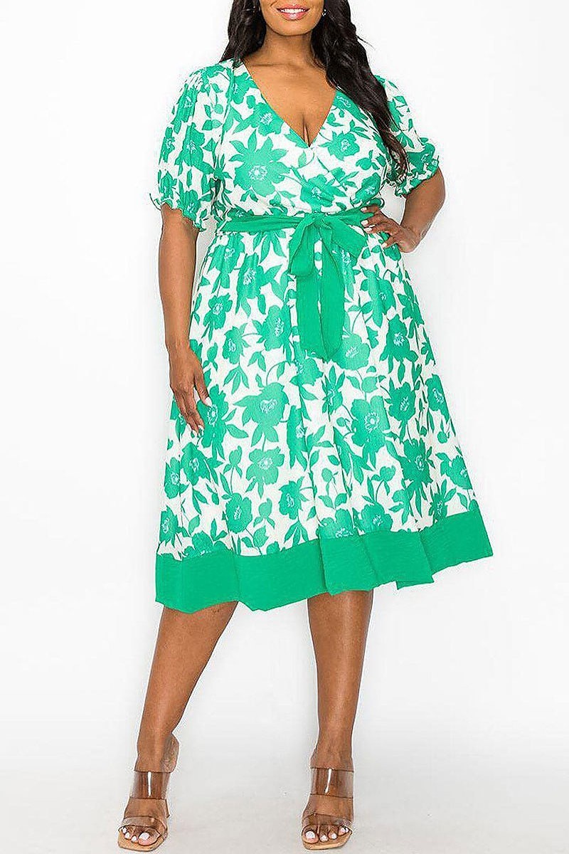 Short sleeve surplice self tie floral midi dress (EFWT8227)