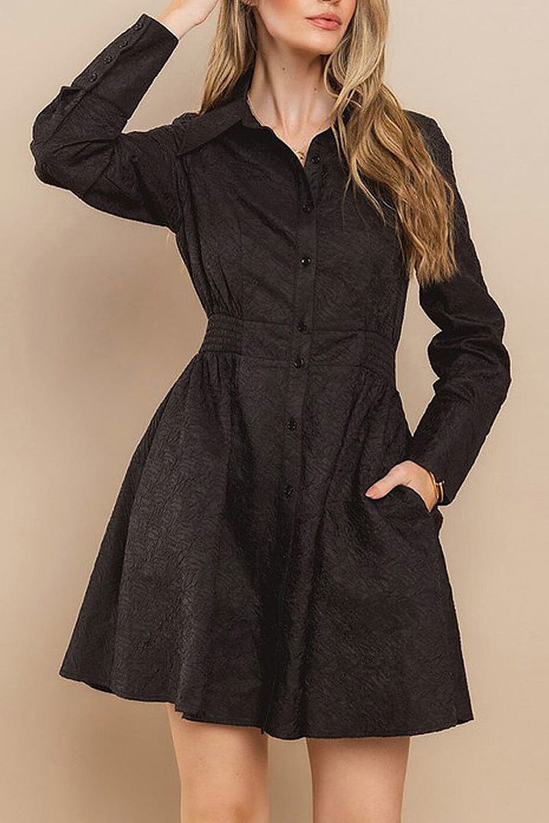 Long sleeve button up pockets detailed mini dress (EFWT8721)