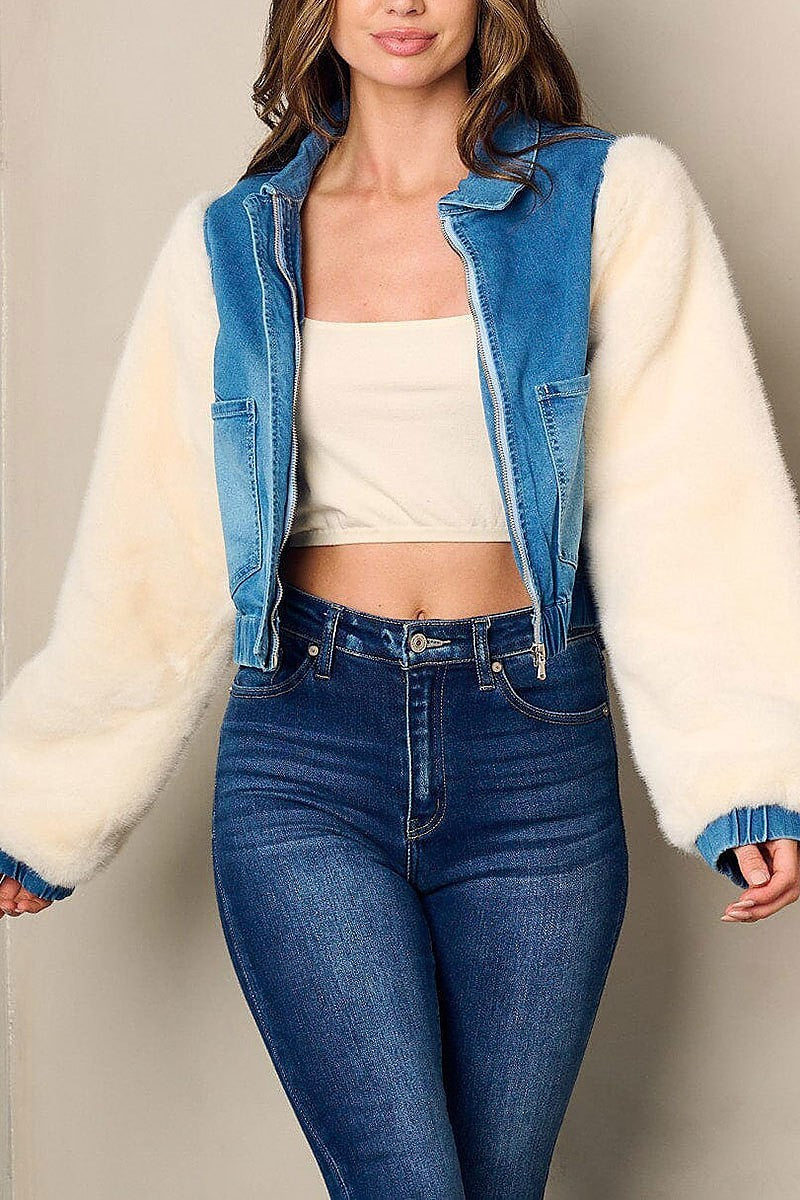 Long sleeve denim sherpa zip up jacket (EFWT2802)