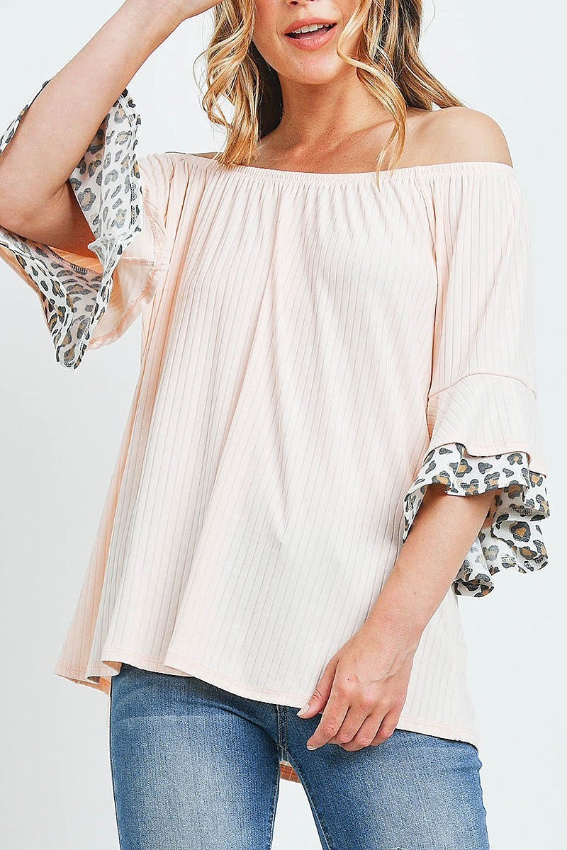 Off shoulder brushed rib bell leopard sleeves top (ED9767)