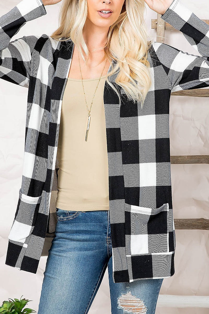 Plaid long sleeve open front pocket cardigan (DGS5488)