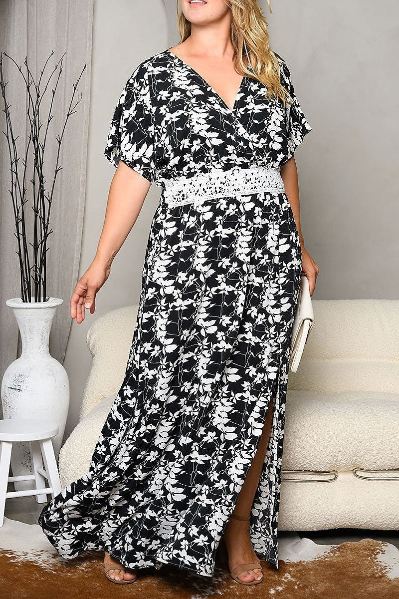 Short sleeve v neck floral maxi dress (EDWT7377)