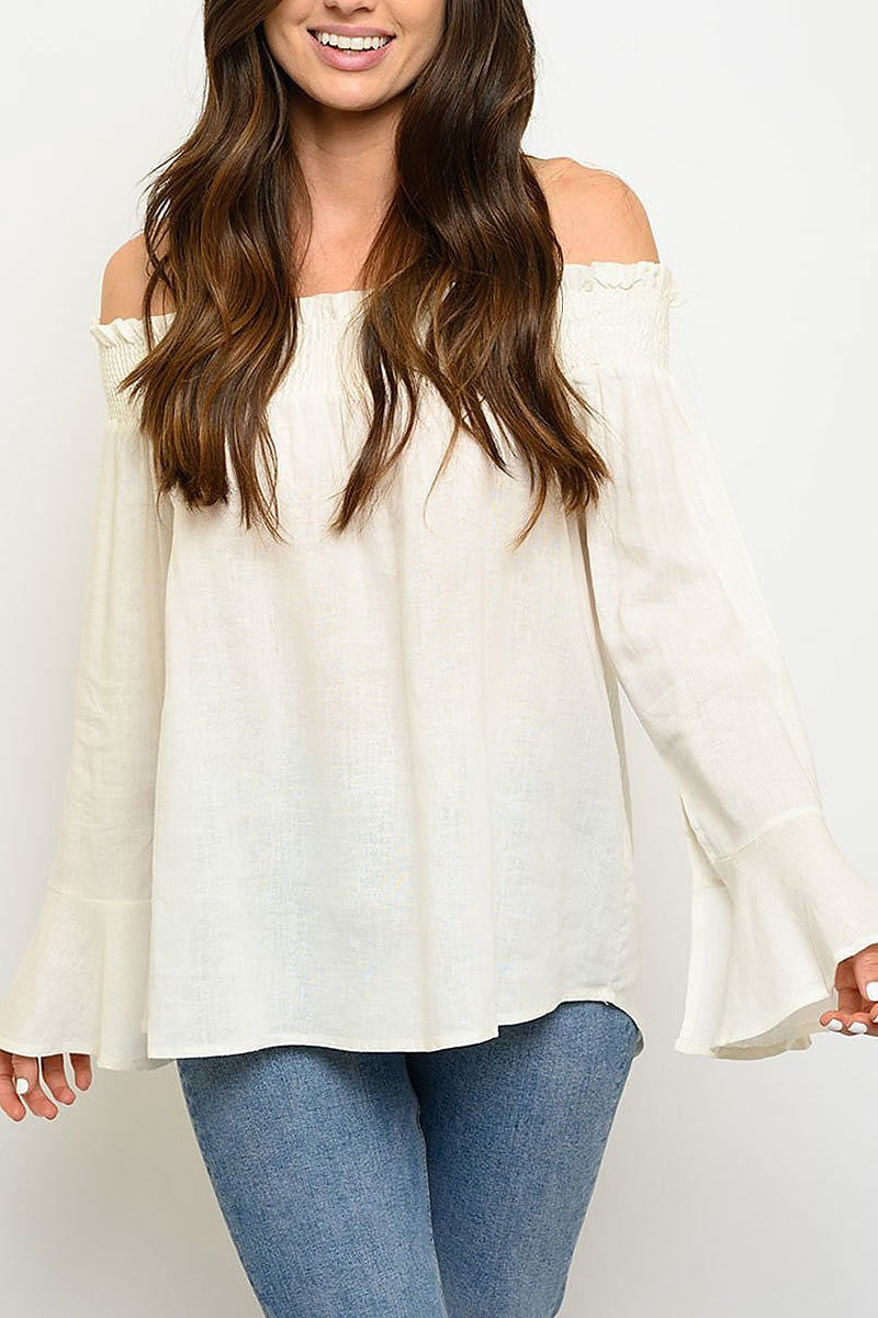 Off shoulder smoked detial bell sleeve top (EDWT3062)