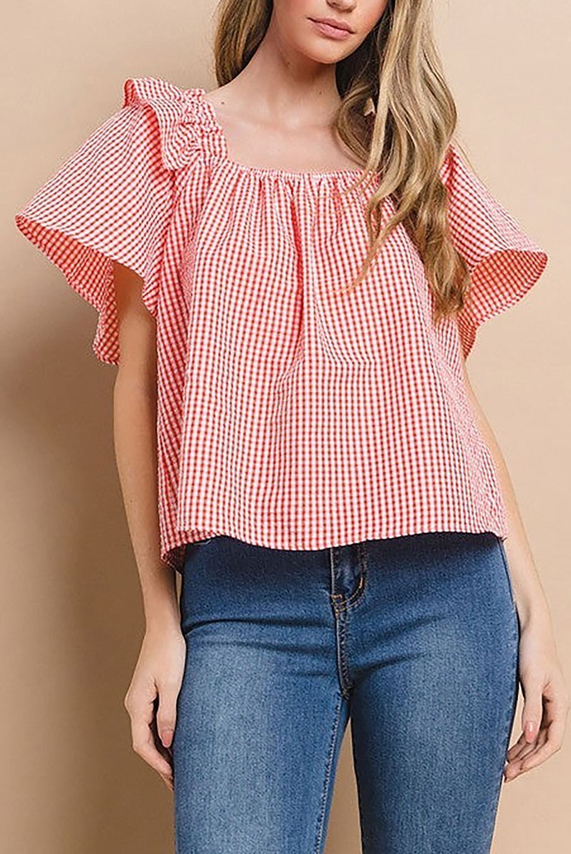 Gingham square neck ruffled blouse top (EDSW4494)