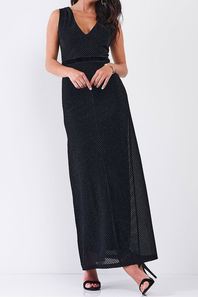 Sleeveless v neck striped velvet waistband detail fitted maxi dress (TDG7758-2)