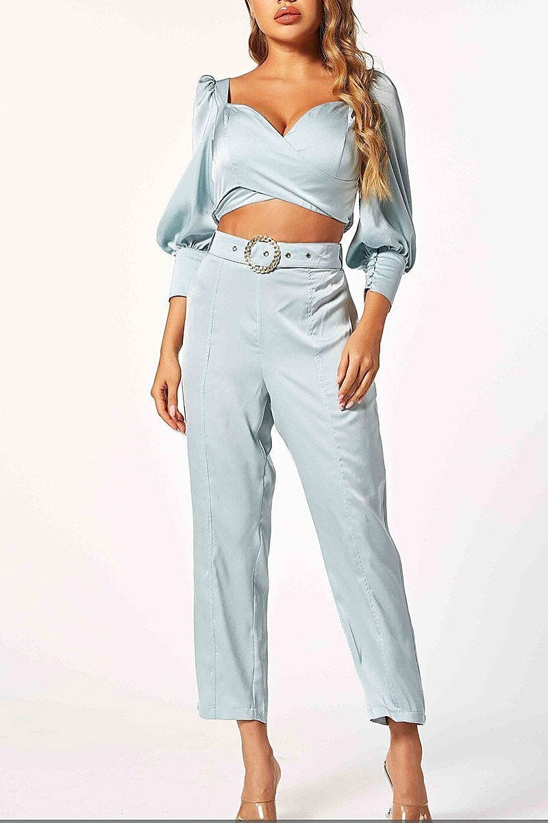 3/4 sleeve crop top & belted pants 2pc. set (EGWT1098)