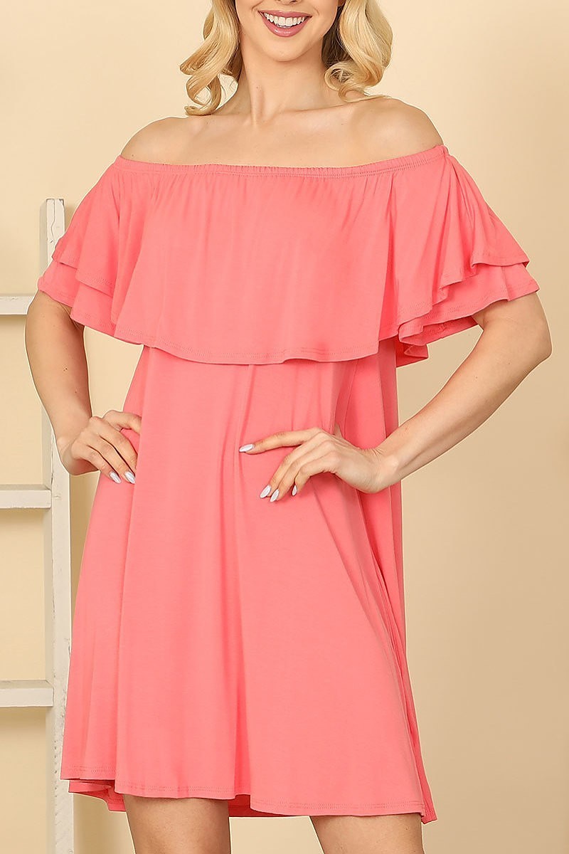 Ruffle off shoulder solid dress (DED9402)