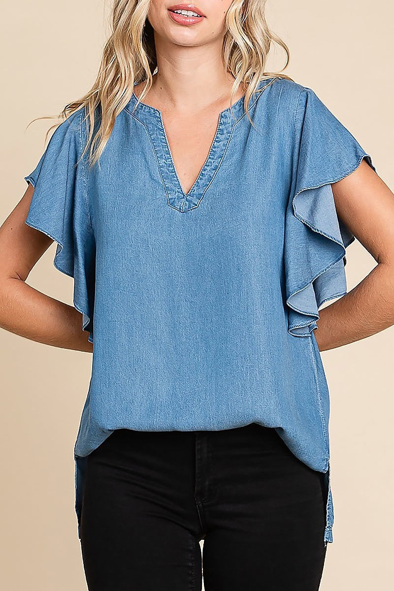 Chambray flutter sleeve top (EDH1625)