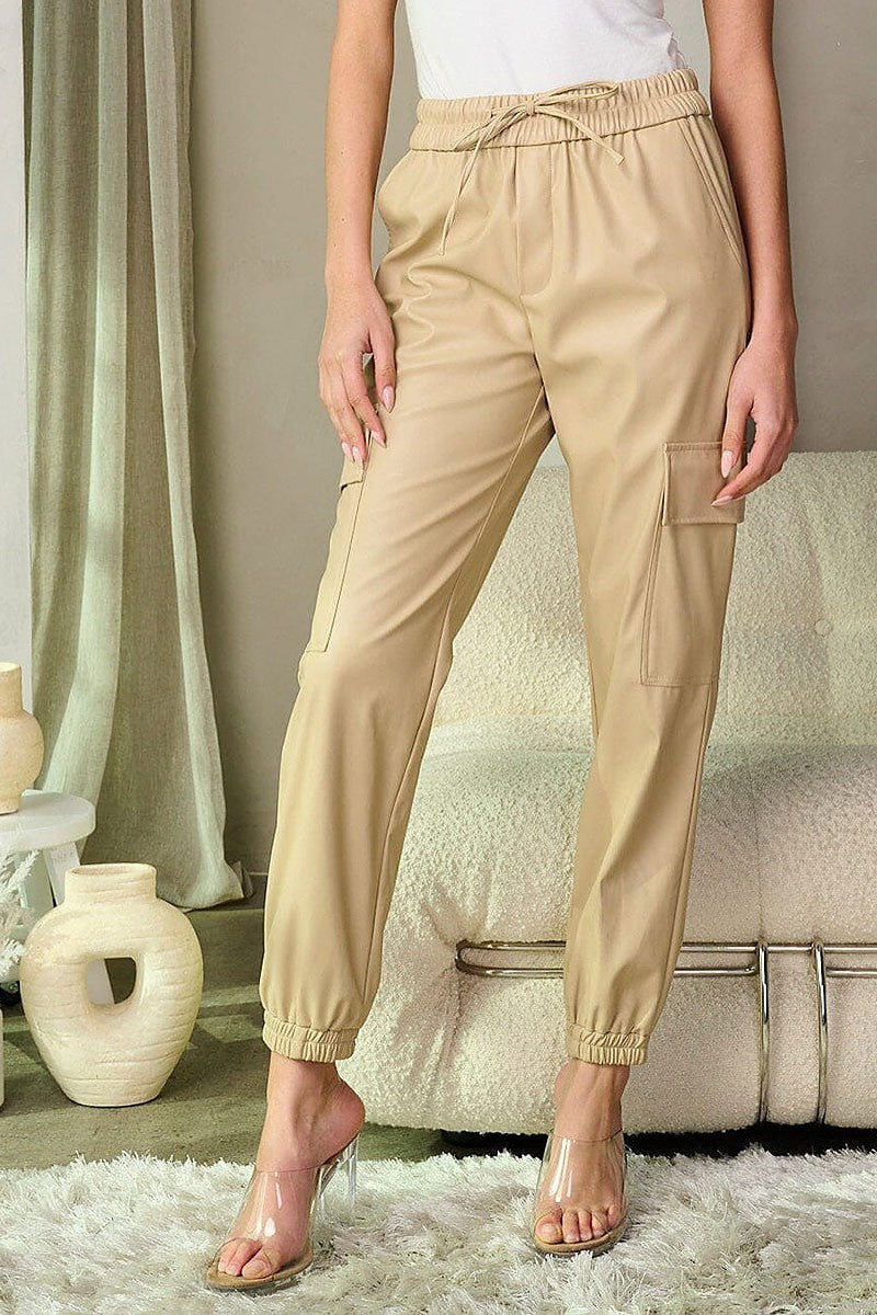 Elastic waist cargo pockets pu pleather pants (EFWT9314)