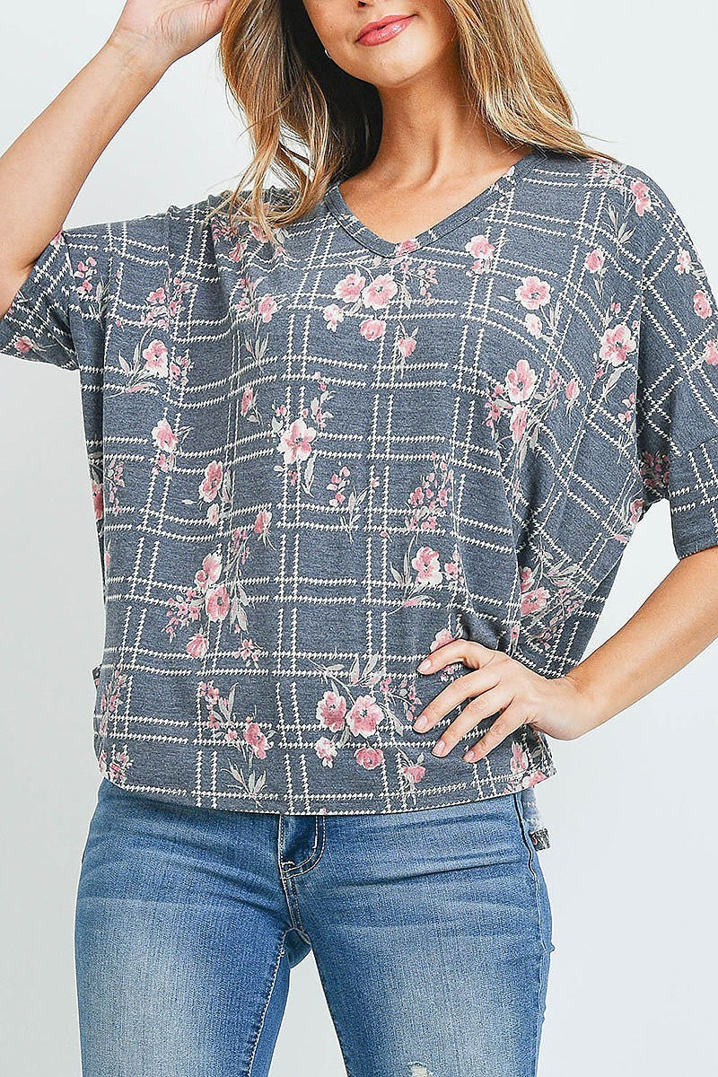 V neck floral plaid print top (ED9272)