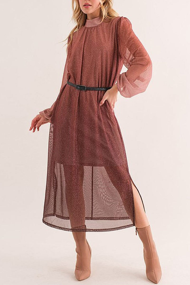 Long sleeve mock neck belted shimmer maxi dress (EFWT8743)