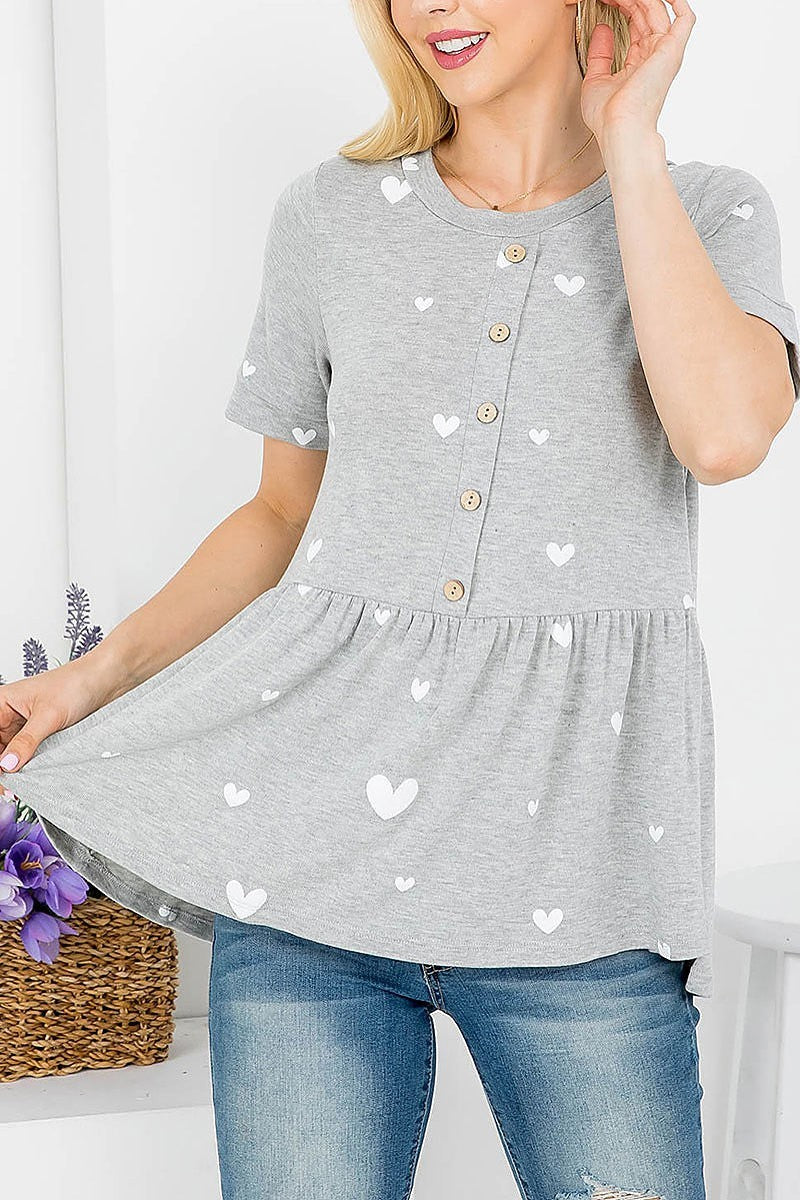 Heart print button trimmed baby doll top (EF4149)