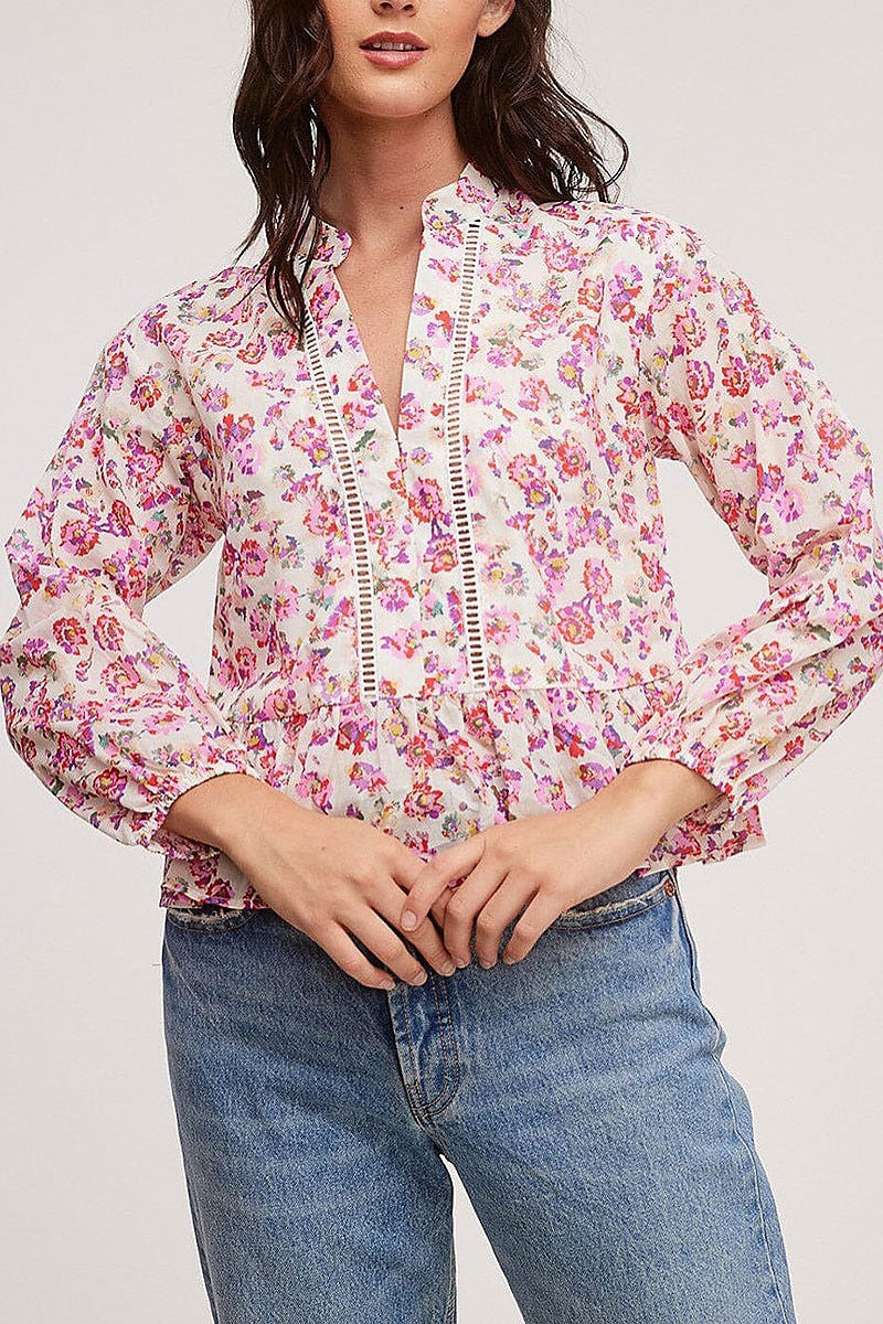 Long sleeve v-neck floral blouse top (EFWT5514)