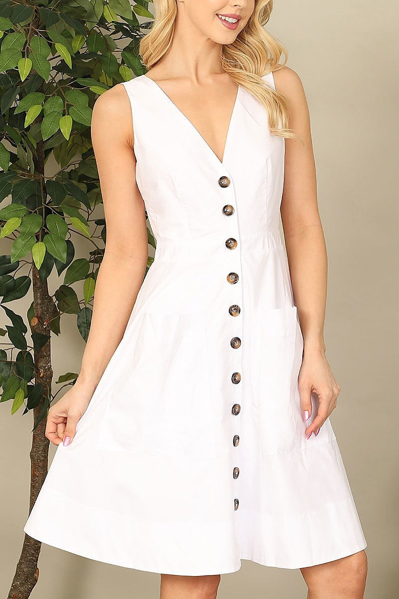 Sleeveless v-neck button detail solid dress (DED9184)