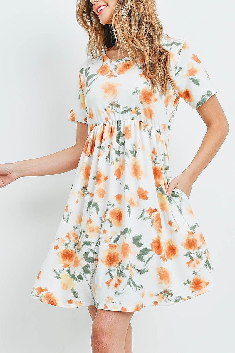 Painterly floral print short sleeves dress (DED6047)