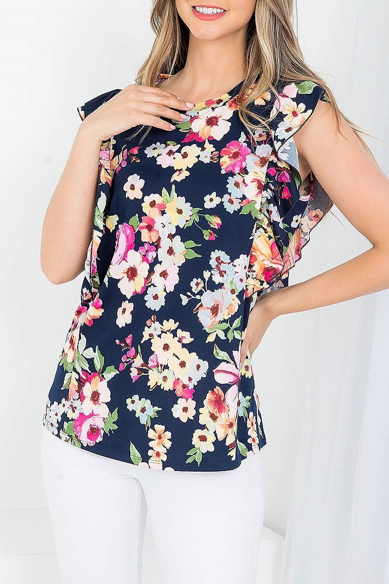 Long flutter cap sleeve floral top (EF4167)