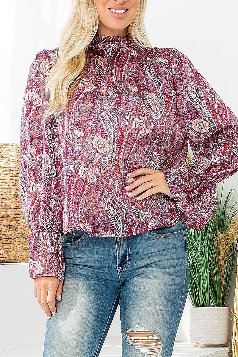 Ruffle turtle neckline paisley top (EF6094)