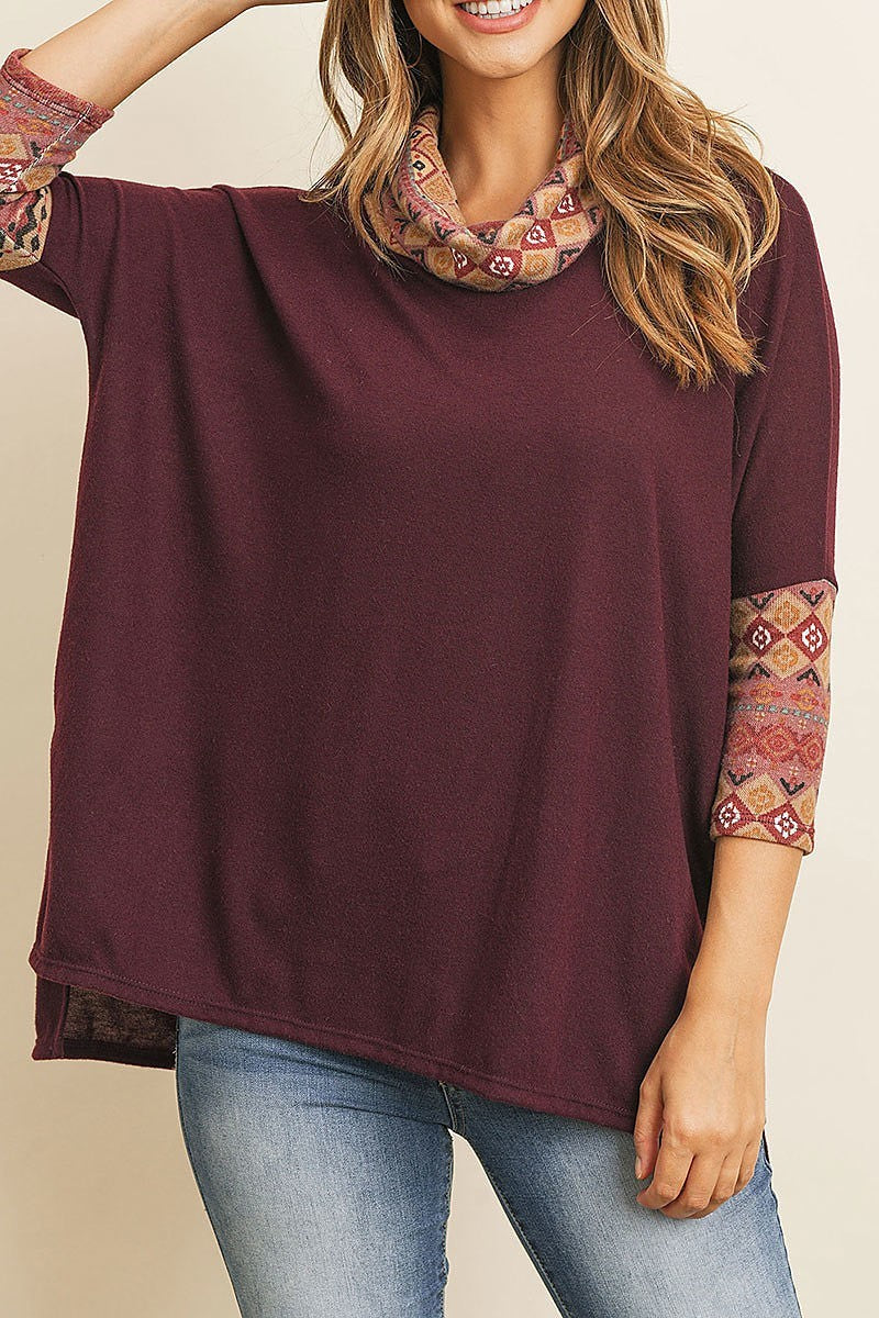 Quarter sleeve cowl neck contrast top (ED8091-1)