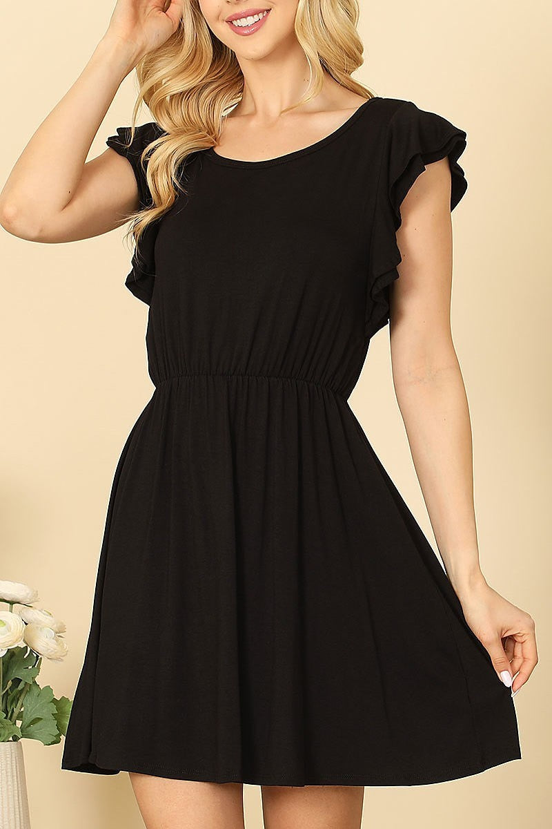 Ruffle sleeve round neck cinch waist mini dress (DED9450)