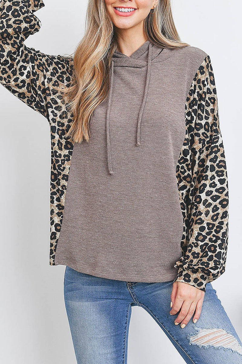 Leopard sleeve side contrast hoddie with self tie (EF2887)