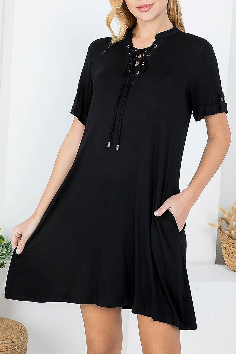 Lace up v neck detail roll up sleeve tunic dress (DED7698)