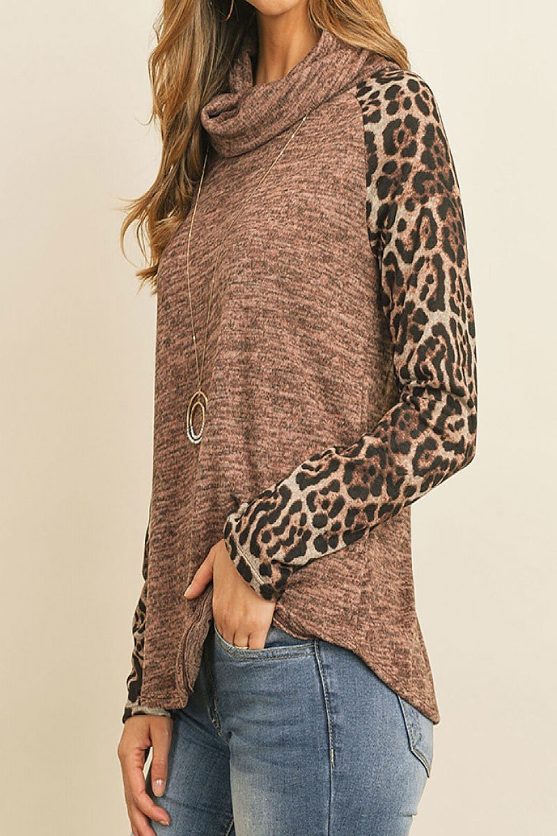 Cowl neck animal print sleeve color block top (ED7844)