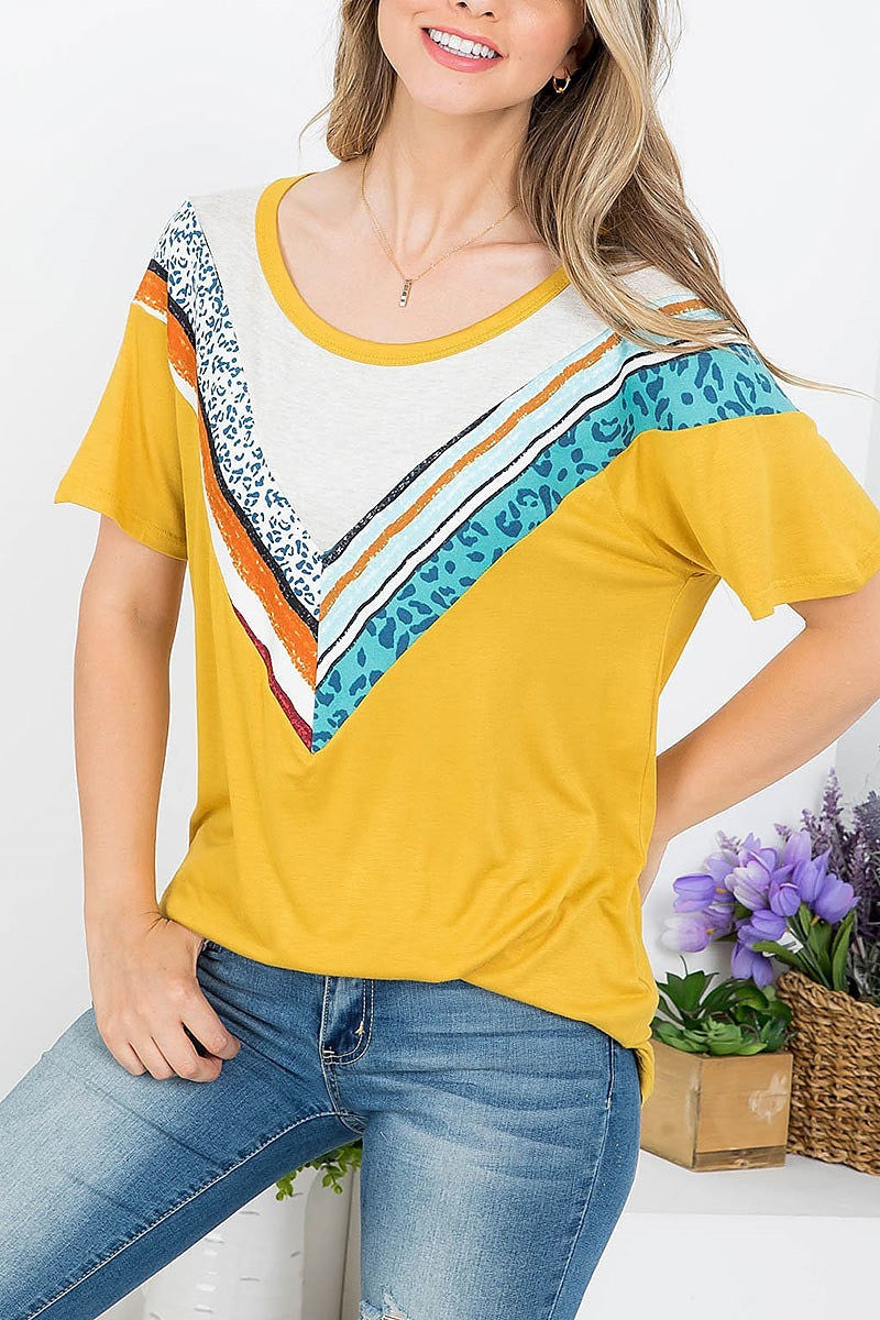 Multi chevron print scooped neckline blouse top (EF4103)