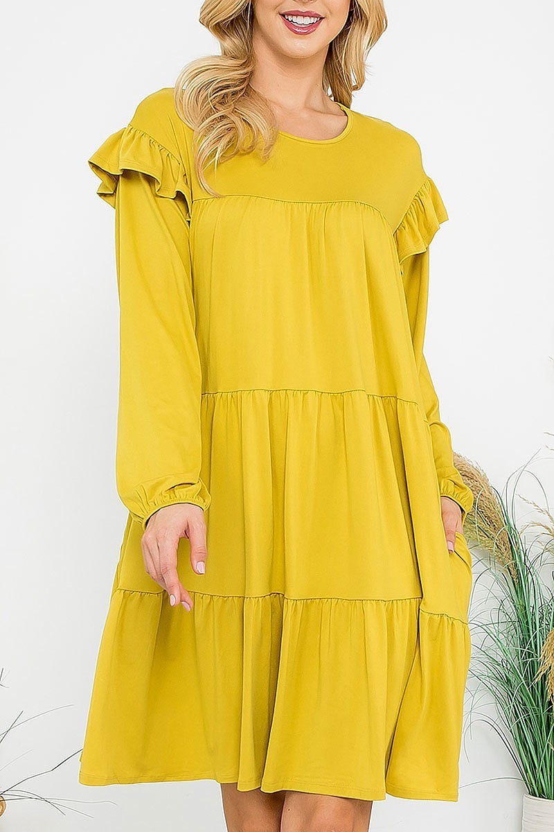 Long sleeve ruffle detail solid dress (DED8851-2)