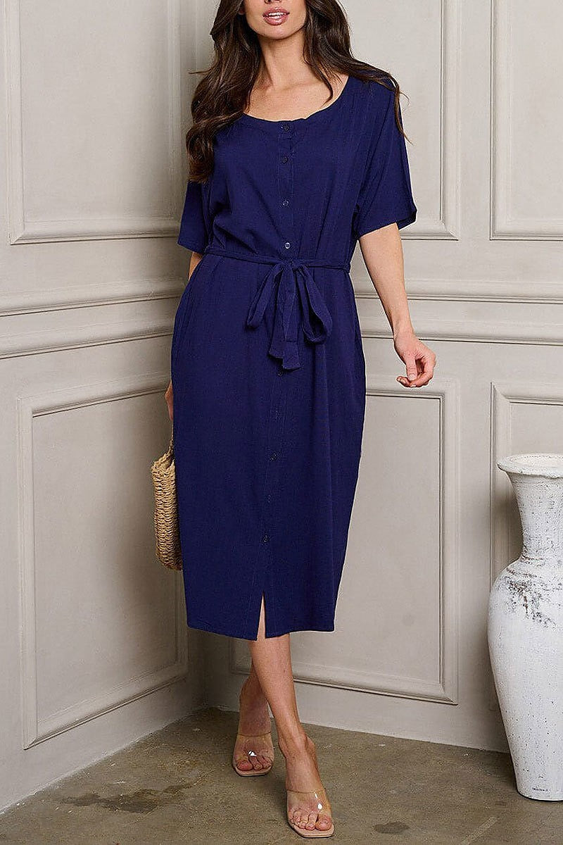 Short sleeve button up self tie midi dress (EDWT9993)