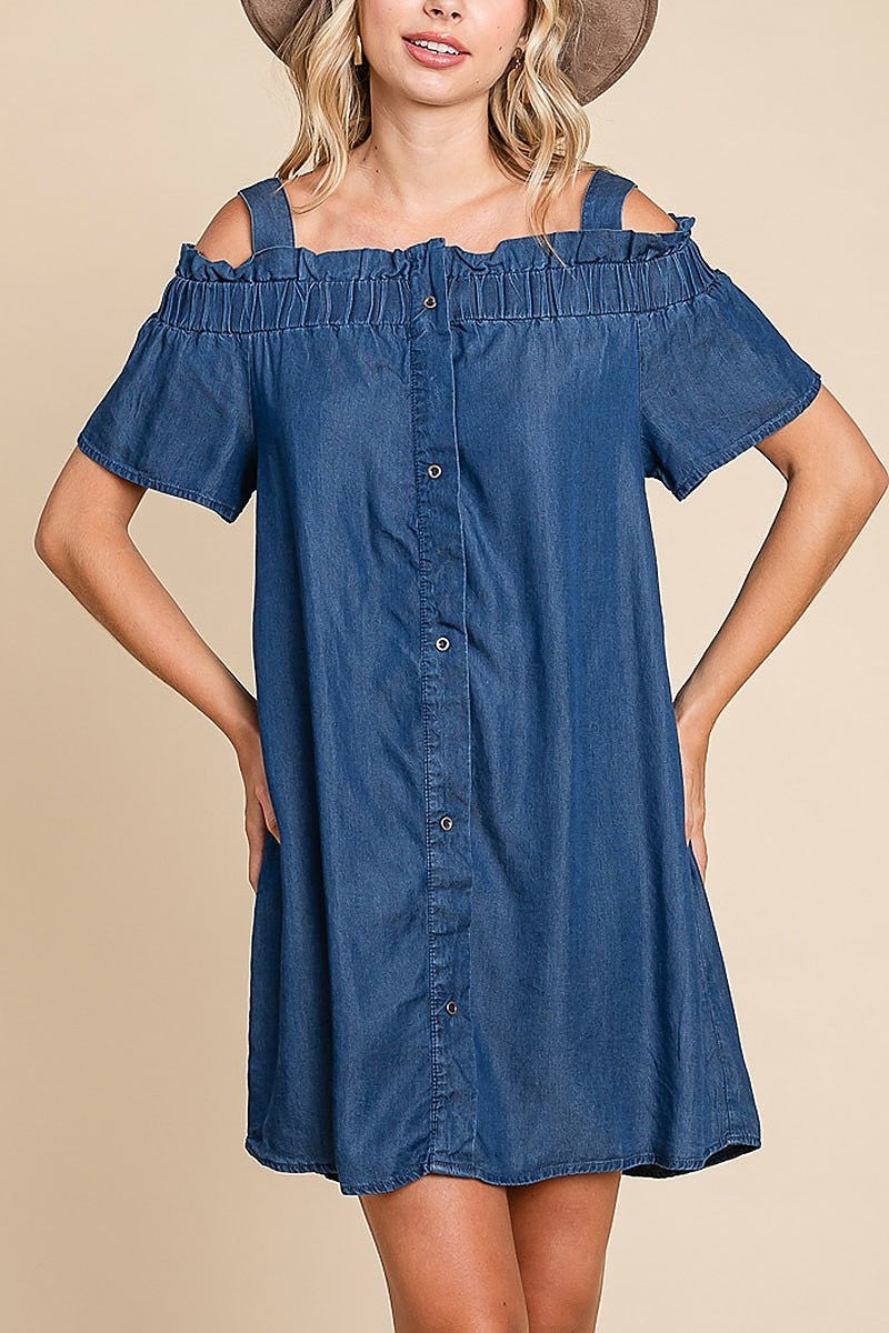 Chambray button-down cold-shoulder mini dress (EDH1624)