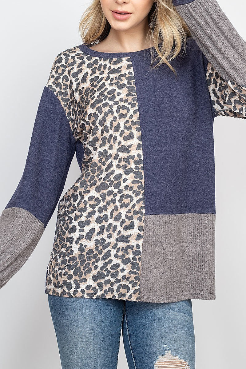 Long sleeve leopard contrast rib top (EF1967-1)