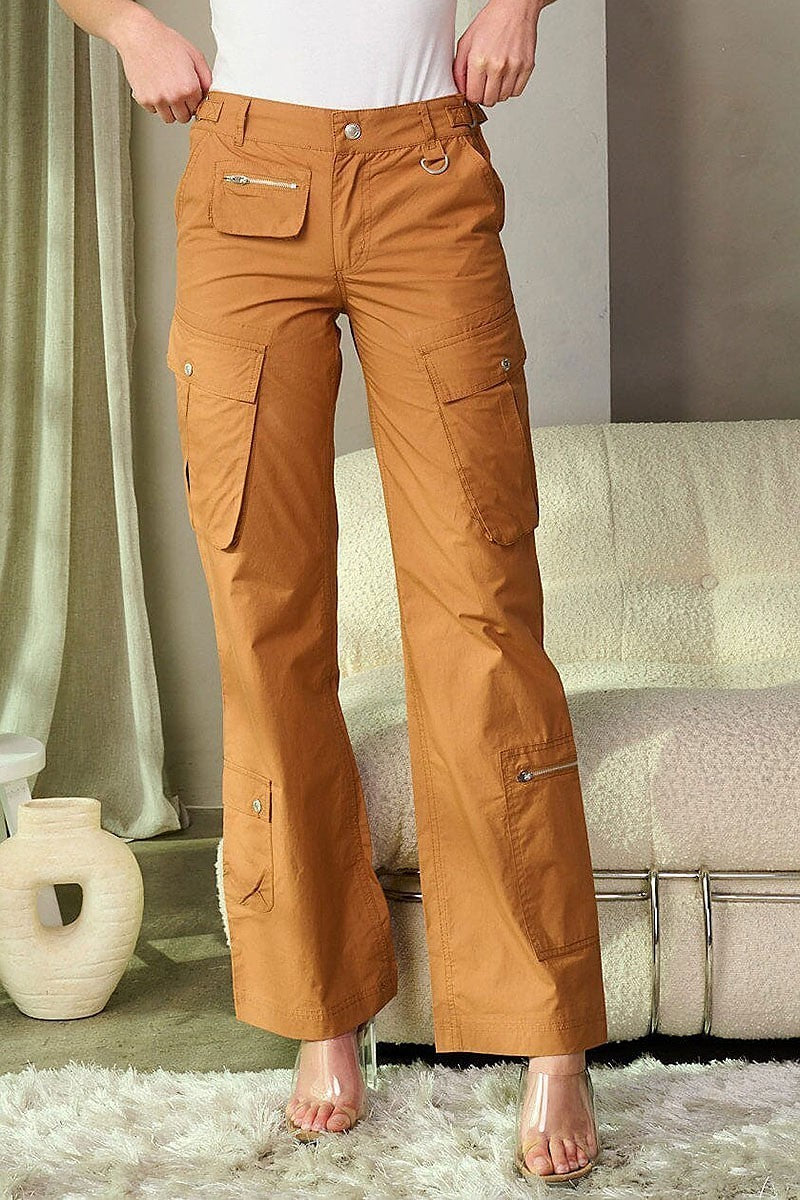 Button closure cargo pockets wide leg pants (EFWT9294-1)