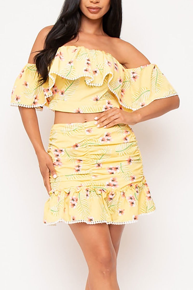 Floral print off shoulder top and skirt set (EDVC2462)